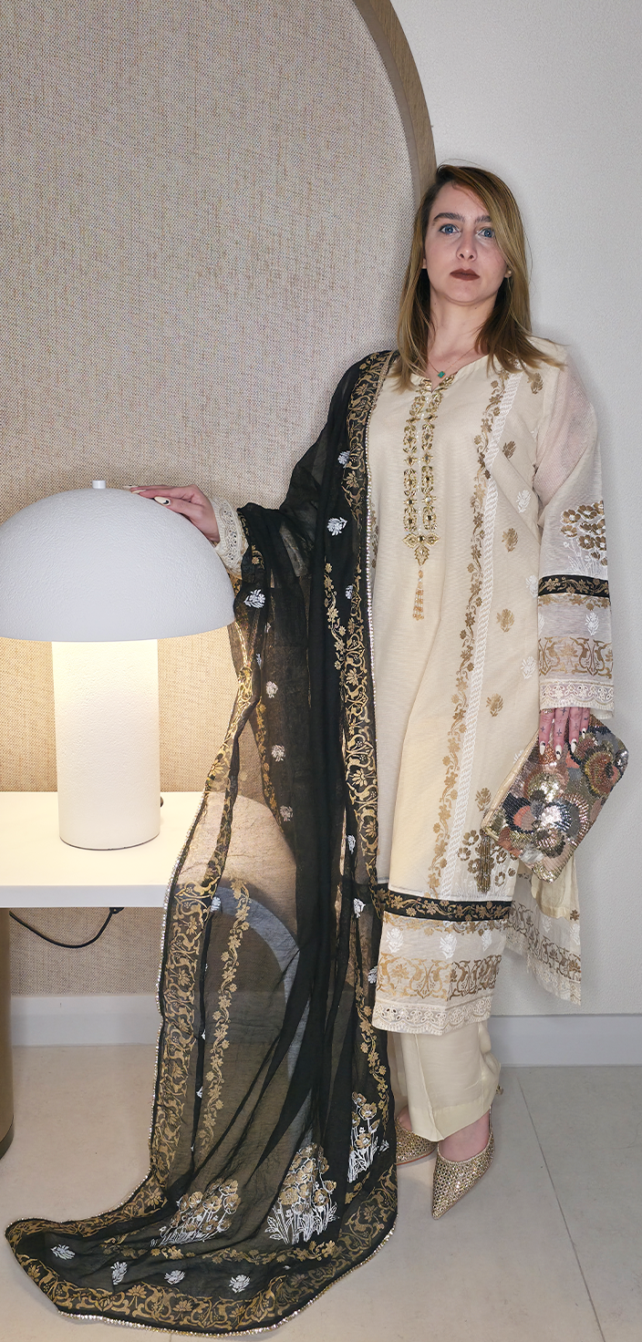 Screen-Printed Khaddi Net Shirt with Tila & Mirror Work Embroidery