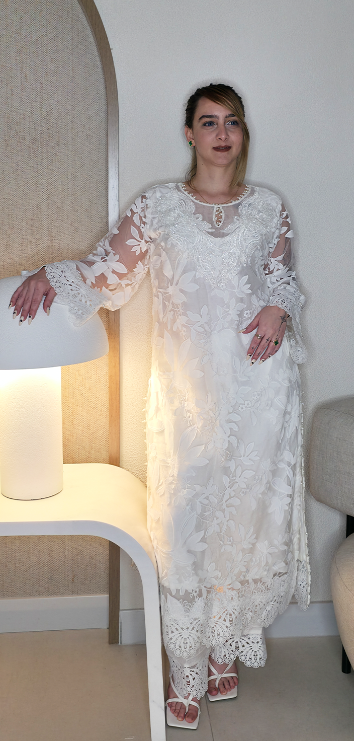 Ivory Grace: Appliqué Net A-Line Shirt Ensemble