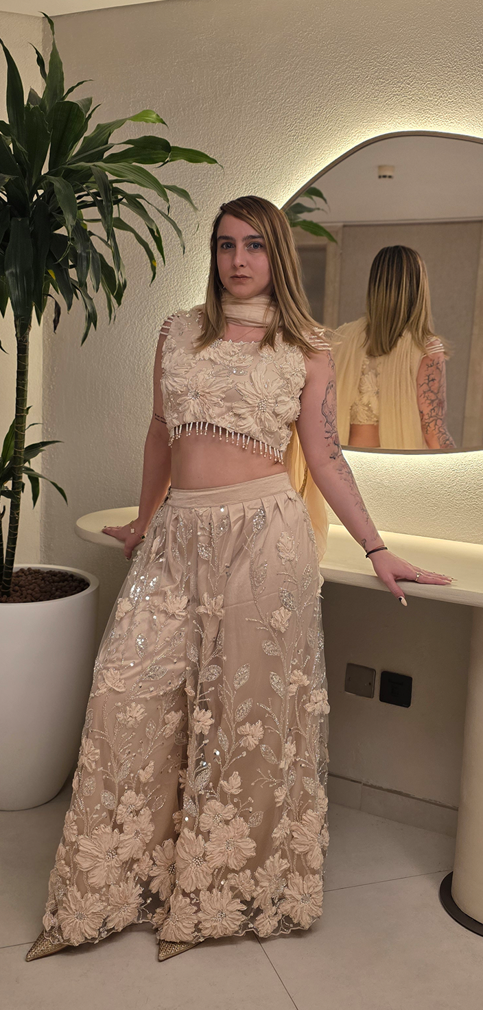 Pearl Bloom: Beige Net Ribbon Work Ensemble