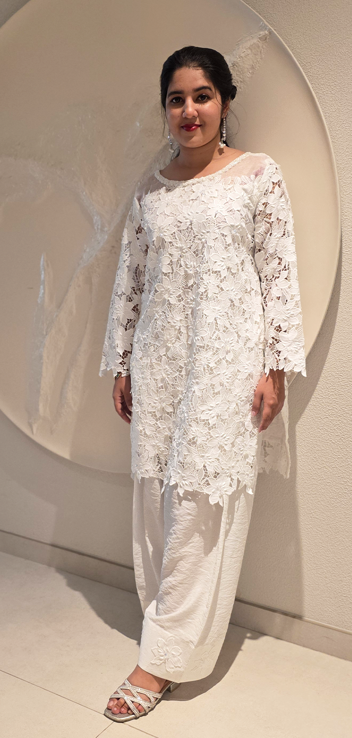 Ivory Grace: Appliqué Net A-Line Shirt Ensemble