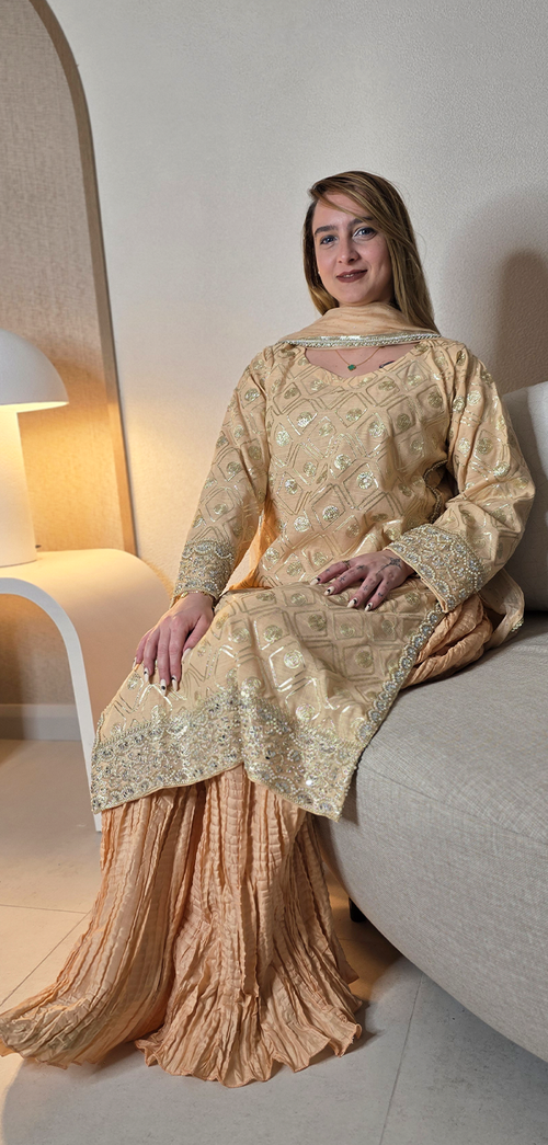 Festive Glow: Gota Work Cotton Long Shirt with Crushed Sharara