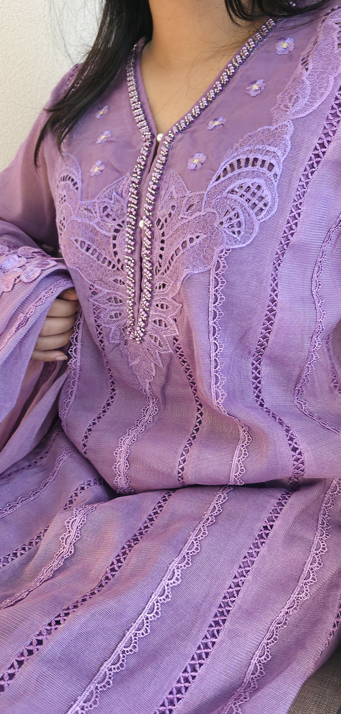 Khaddi Radiance: Lace-Embellished A-Line Shirt Outfit