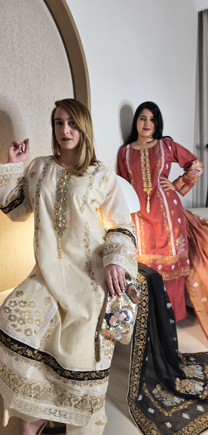 Screen-Printed Khaddi Net Shirt with Tila &amp; Mirror Work Embroidery