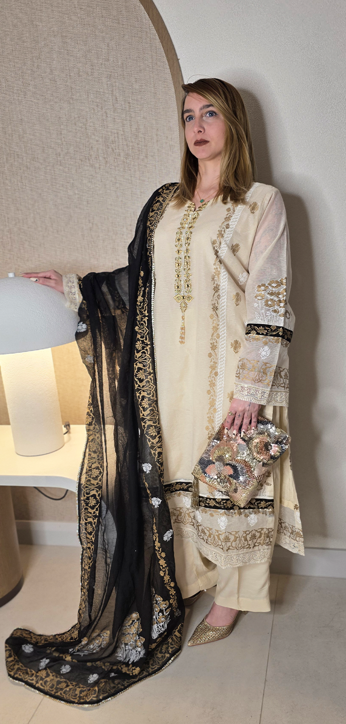 Screen-Printed Khaddi Net Shirt with Tila &amp; Mirror Work Embroidery