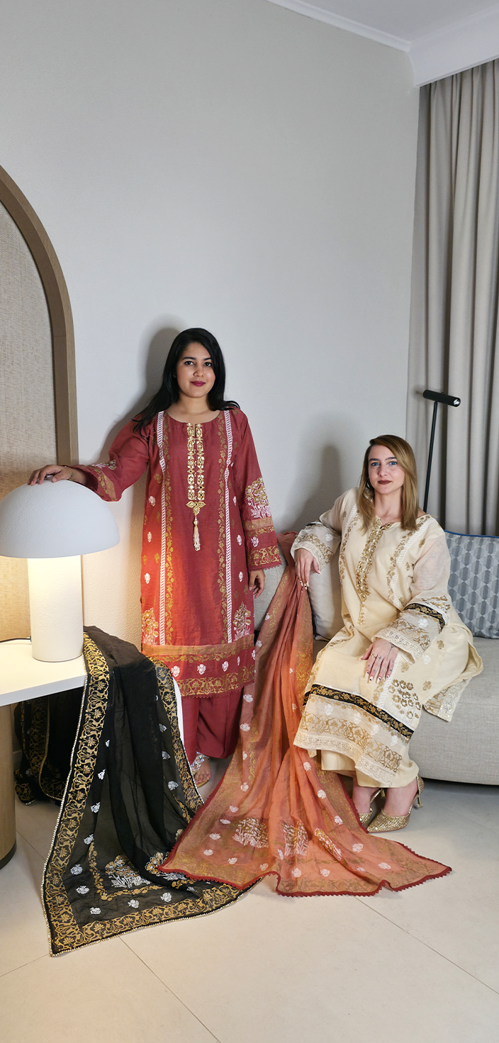 Screen-Printed Khaddi Net Shirt with Tila &amp; Mirror Work Embroidery