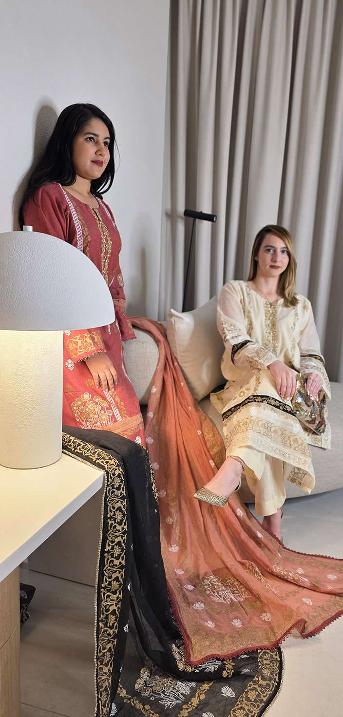 Screen-Printed Khaddi Net Shirt with Tila &amp; Mirror Work Embroidery