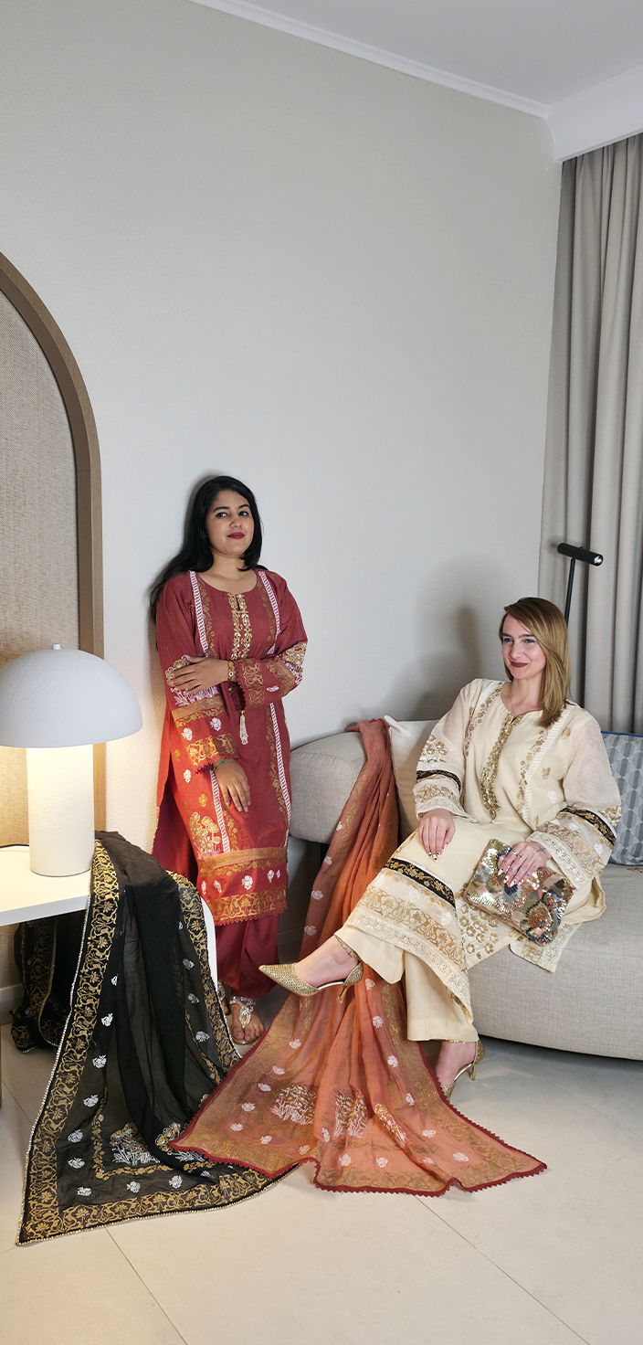 Screen-Printed Khaddi Net Shirt with Tila &amp; Mirror Work Embroidery