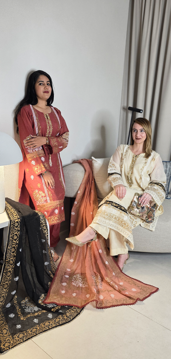 Screen-Printed Khaddi Net Shirt with Tila &amp; Mirror Work Embroidery