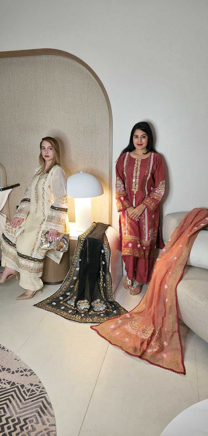 Screen-Printed Khaddi Net Shirt with Tila &amp; Mirror Work Embroidery
