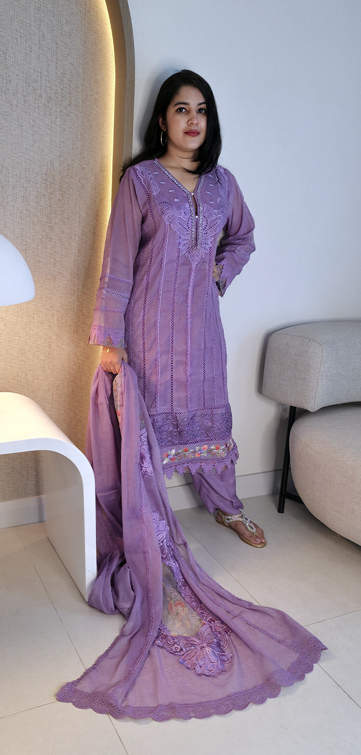 Khaddi Radiance: Lace-Embellished A-Line Shirt Outfit