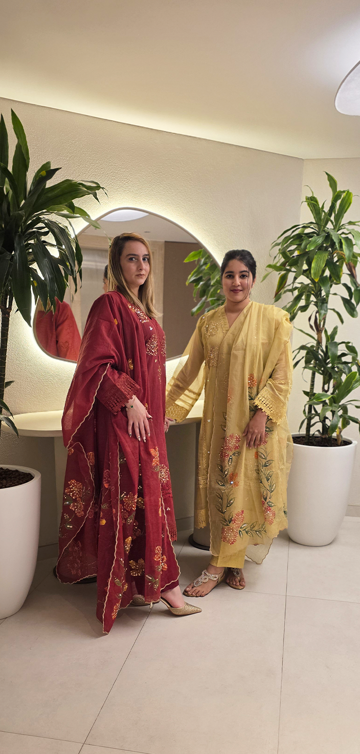 Khadi Net Shirt with Hand-Painted Dupatta and Straight Pants