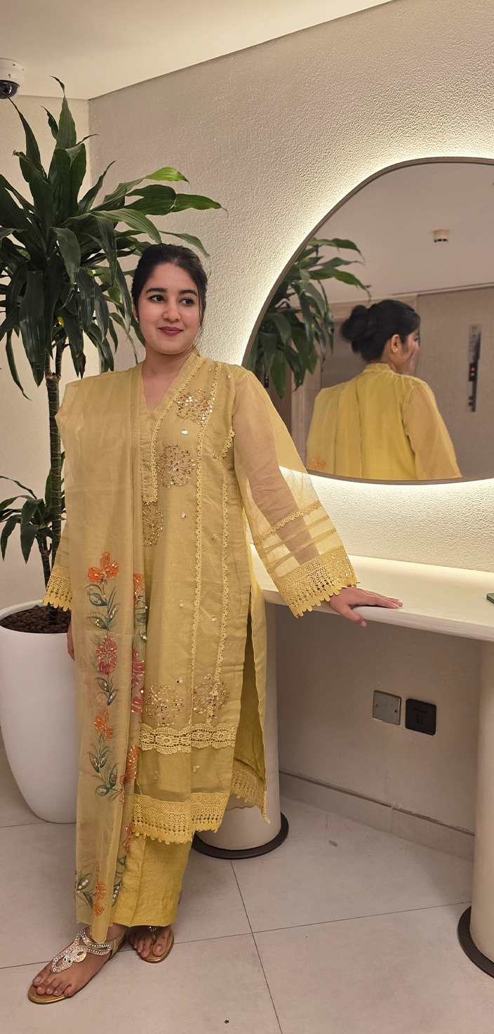 Khadi Net Shirt with Hand-Painted Dupatta and Straight Pants