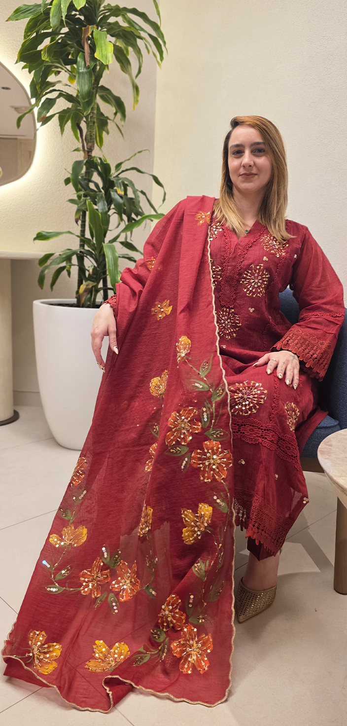 Khadi Net Shirt with Hand-Painted Dupatta and Straight Pants