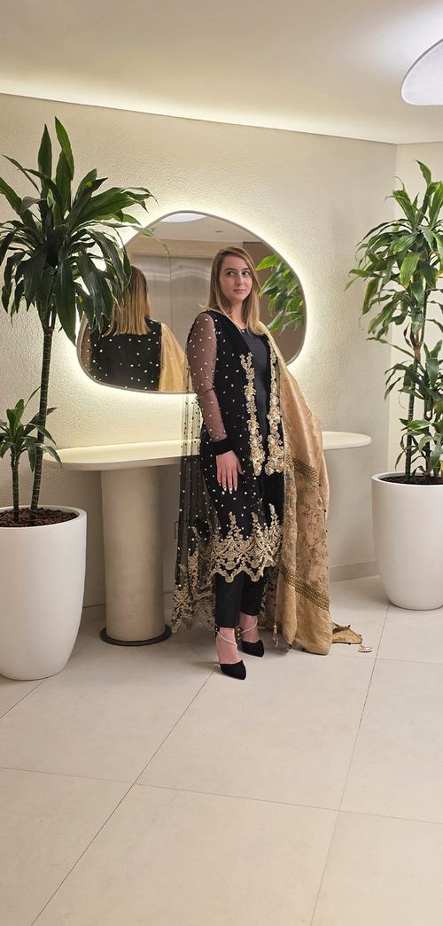 Black & Gold Open-Tailed Gown with Indian Raw Silk Ensemble