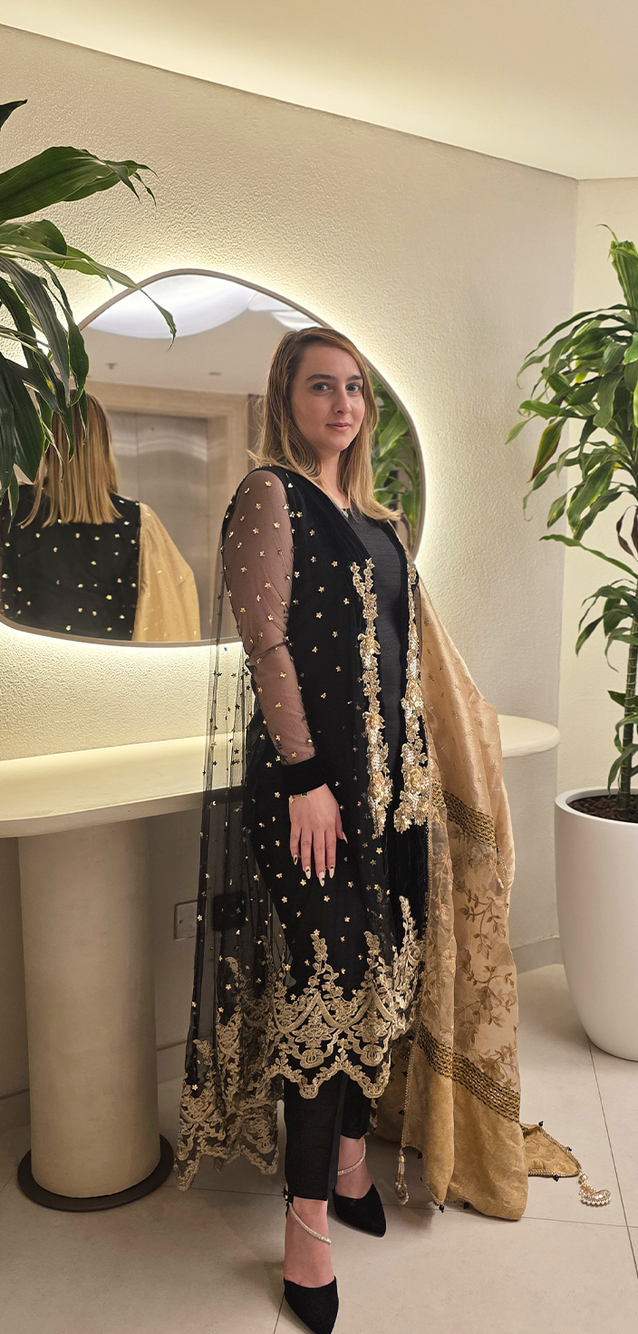 Black & Gold Open-Tailed Gown with Indian Raw Silk Ensemble