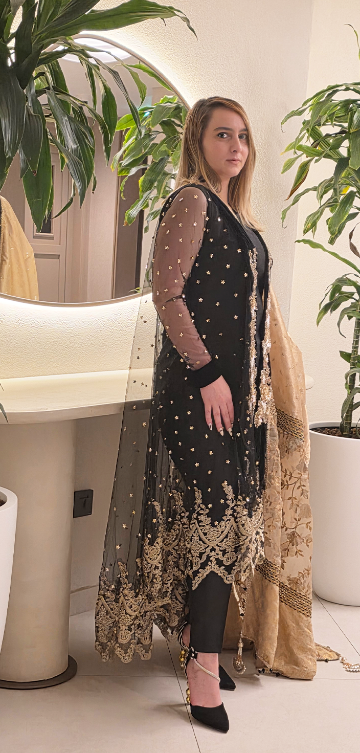 Black & Gold Open-Tailed Gown with Indian Raw Silk Ensemble