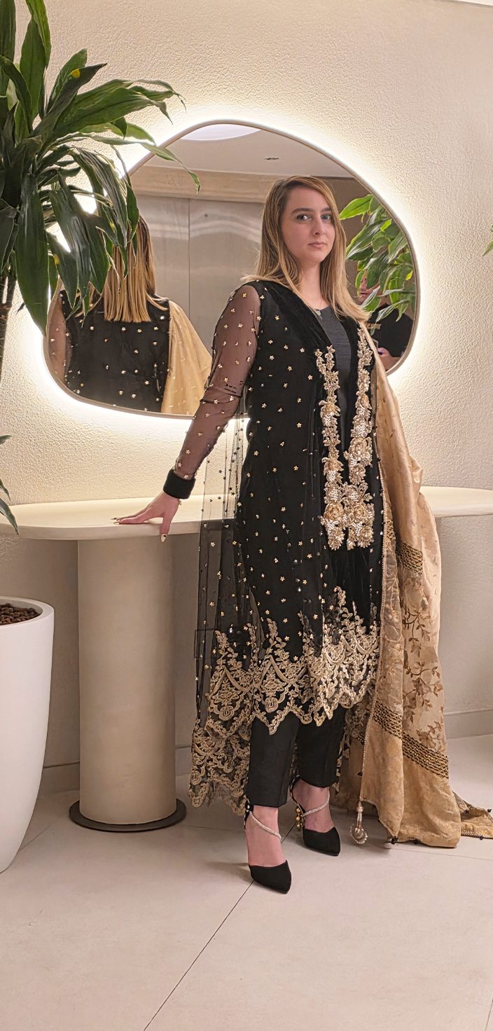 Black & Gold Open-Tailed Gown with Indian Raw Silk Ensemble