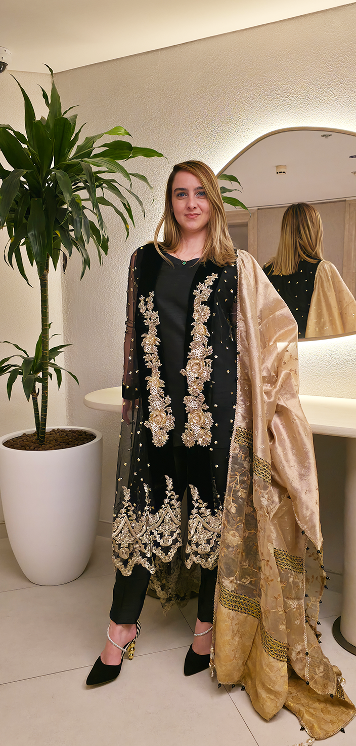 Black & Gold Open-Tailed Gown with Indian Raw Silk Ensemble