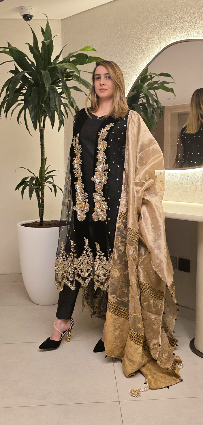 Black & Gold Open-Tailed Gown with Indian Raw Silk Ensemble