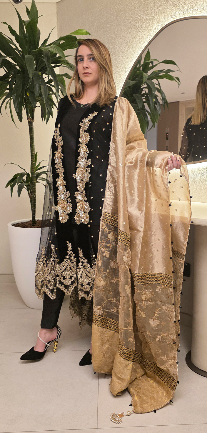 Black & Gold Open-Tailed Gown with Indian Raw Silk Ensemble