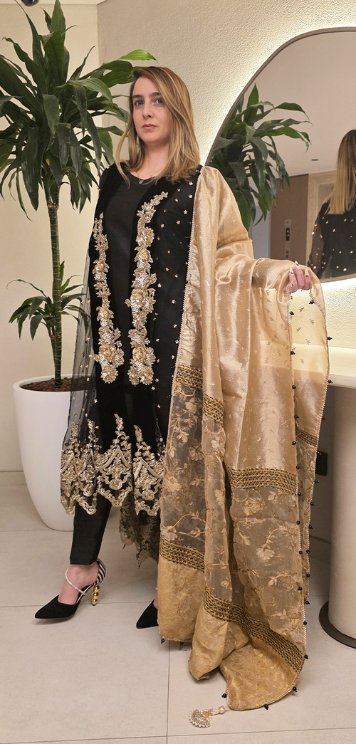 Black & Gold Open-Tailed Gown with Indian Raw Silk Ensemble