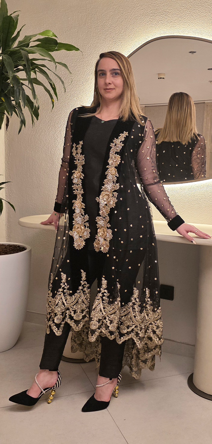 Black & Gold Open-Tailed Gown with Indian Raw Silk Ensemble