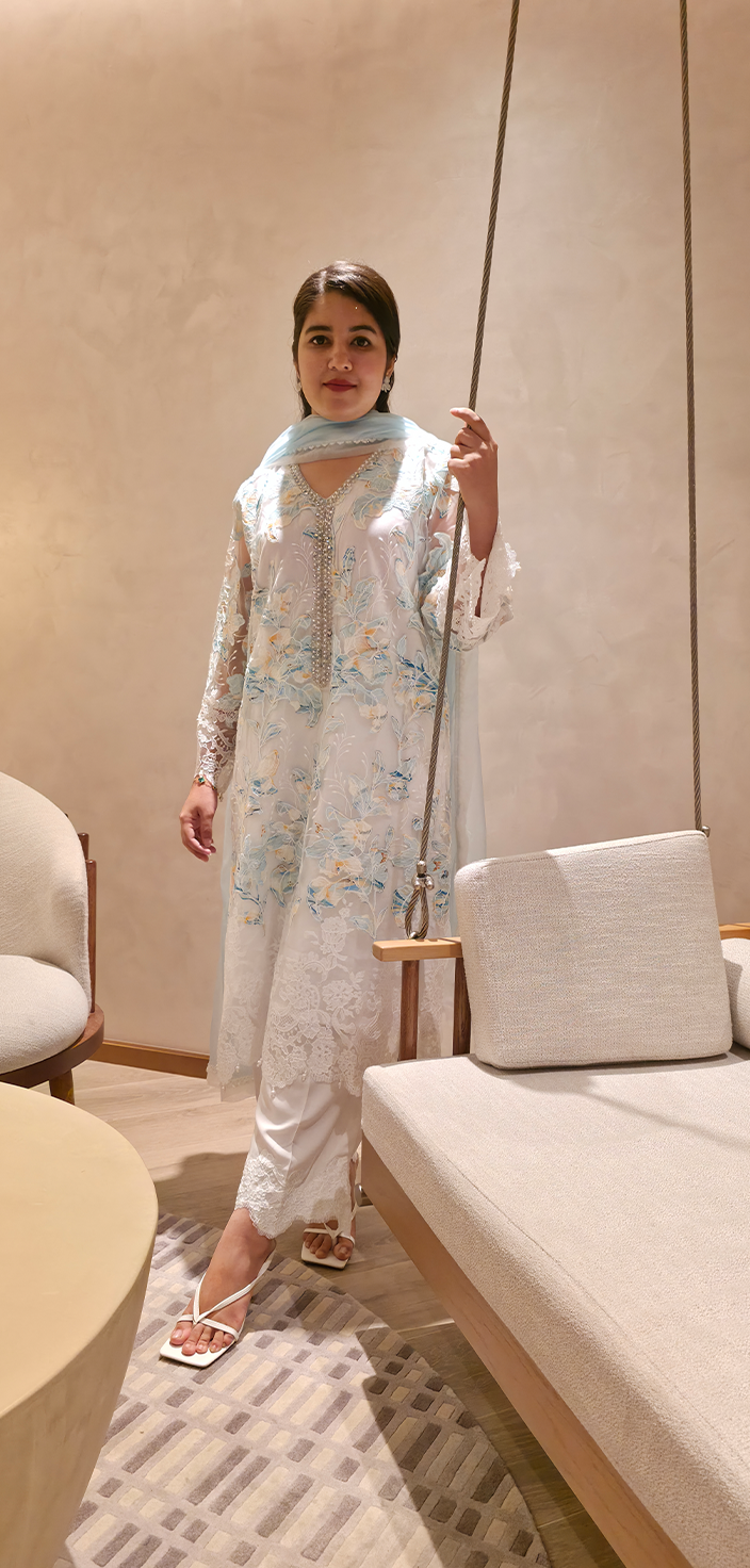 Soft Elegance: Embroidered Net Shirt & Straight Pants Set