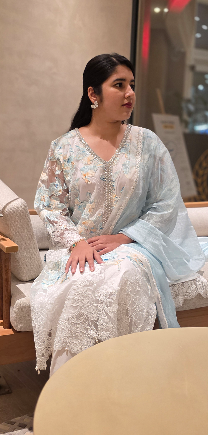 Soft Elegance: Embroidered Net Shirt & Straight Pants Set