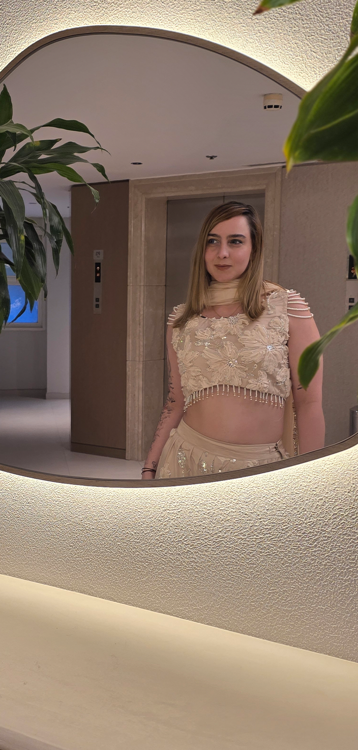 Pearl Bloom: Beige Net Ribbon Work Ensemble