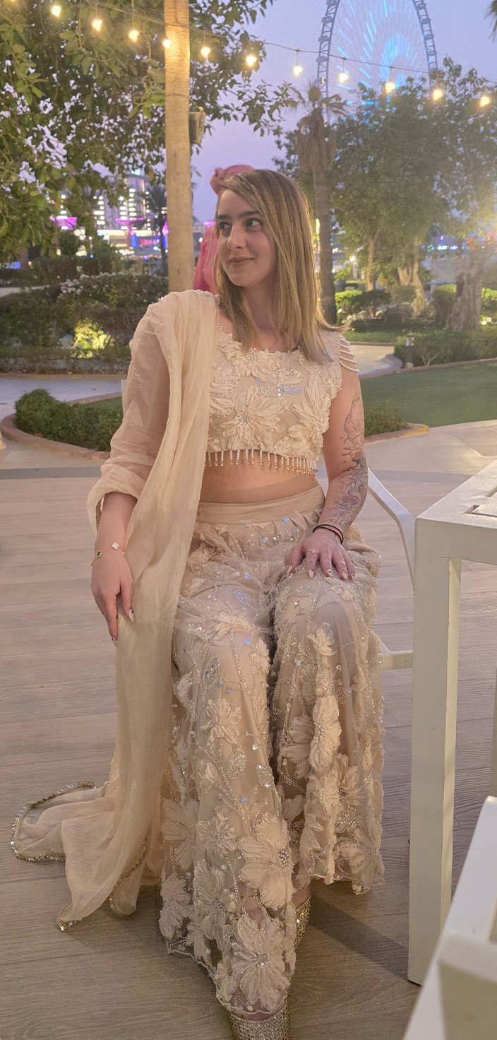 Pearl Bloom: Beige Net Ribbon Work Ensemble