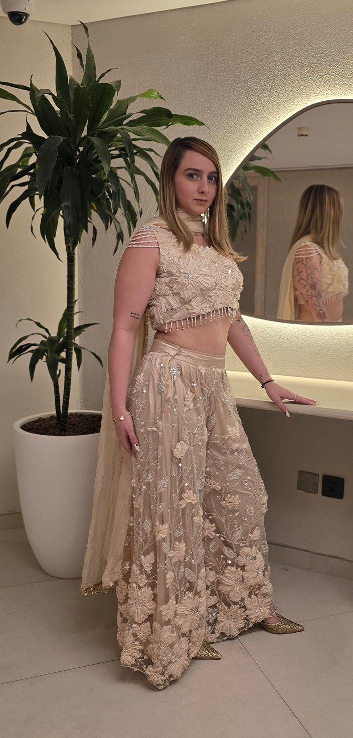 Pearl Bloom: Beige Net Ribbon Work Ensemble